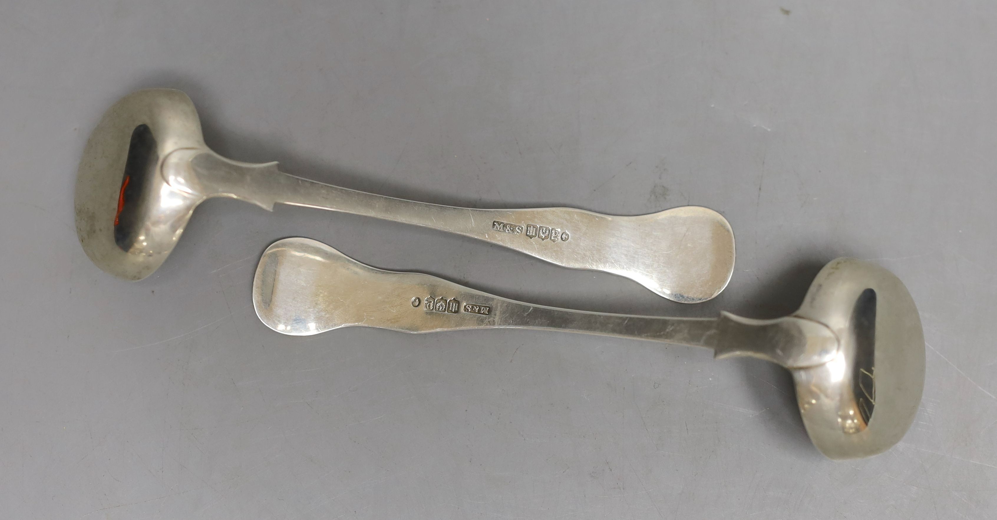 A pair of Victorian Scottish silver Kings pattern sauce ladles, by Marshall & Sons, Glasgow, 1855, 14.5cm, 72 grams.